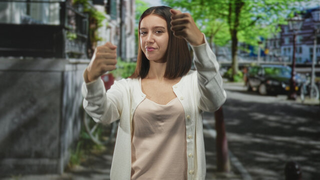 Young woman with hands miming a steering wheel on a city street in front of parked cars and trees, wearing cardigan and tank top; confidence commuting.