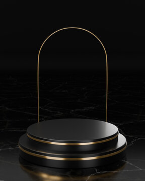 Minimal Black Friday Promotional Background with Gold Podium and Black Marble Floor