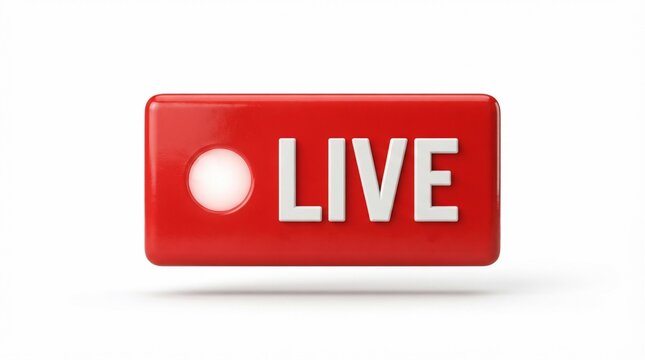 Red live stream button with recording icon, glossy 3D broadcast indicator, streaming media interface element on white background