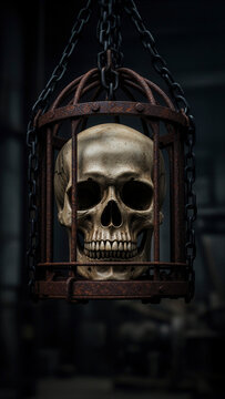 calavera, cr&aacute;neo, cadenas, jaula, encierro, prisi&oacute;n, libertad, cautiverio, misterio, oscuridad, terror, miedo, g&oacute;tico, macabro, muerte, huesos, calavera humana, cadena met&aacute;lica, jaula de hierro, mazmo