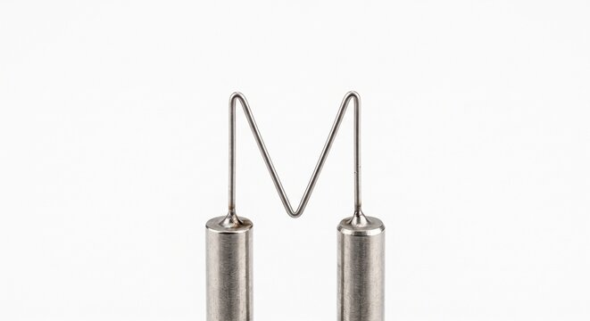 Macro of a scanning electron microscope (SEM) tungsten filament. Hairpin loop wire on mounting posts isolated on white background. Precision nanoscale imaging hardware.