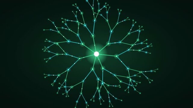 Expanding green neural network animation with glowing branching nodes on dark background