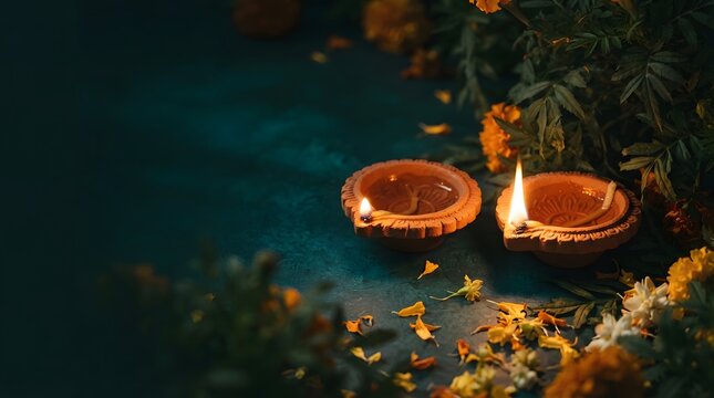 Two traditional clay diyas glowing with warm flames amidst marigold flowers on a dark textured background, celebrating diwali