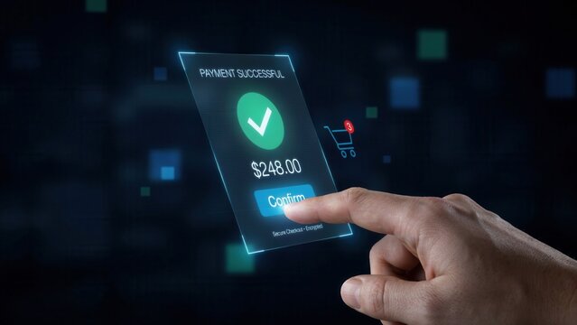 Digital finger presses virtual confirm button on glowing neon holographic interface showing successful online payment transaction with green checkmark icon