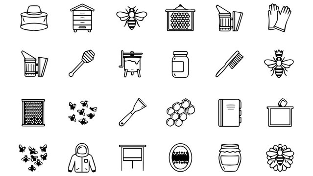 Set of black line icons about beekeeping honey production bees hives and beekeeper tools and equipment