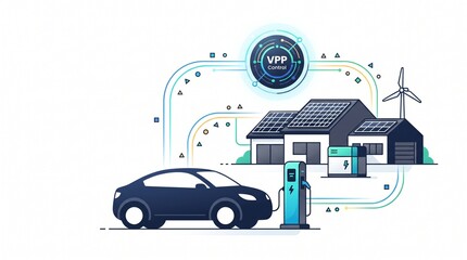 Naklejka premium Virtual Power Plant VPP concept illustration, smart home energy management system, electric vehicle charging with solar and wind power