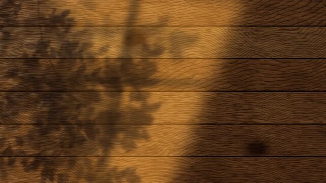 Sunlight and swaying leaf shadows move across a rustic oak wood table top, warm window light on natural wood grain with copy space, seamless loop