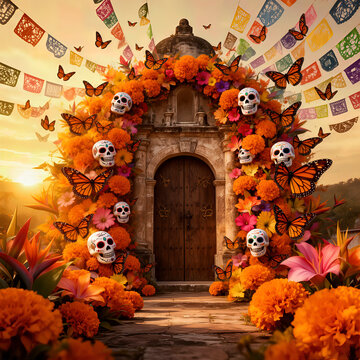 D&iacute;a de Muertos, D&iacute;a de los Muertos, tradici&oacute;n mexicana, cultura mexicana, cempas&uacute;chil, flor de cempas&uacute;chil, mariposa monarca, calavera, calaveras mexicanas, ofrenda, altar, flores, flores naranjas, pa