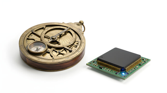 Antique astrolabe and modern computer microchip side by side on white background