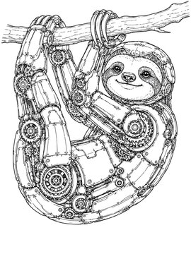 Black and white drawing of mechanical sloth hanging from tree branch isolated white background vector illustration outline coloring page art