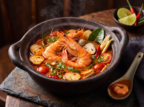 Multi-angle series of authentic Thai tom yum goong seafood soup with copy space