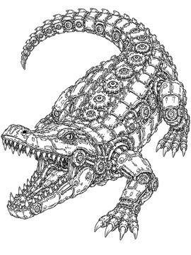 Black and white drawing of mechanical alligator with gears on head standing on isolated white background vector illustration outline coloring page