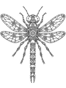 Black and white drawing of mechanical dragonfly with intricate details standing on isolated white background vector illustration coloring page