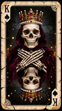 calavera, rey, corona, muerte, esqueleto, cr&aacute;neo, trono, poder, realeza, riqueza, joyas, rub&iacute;es, zafiros, perlas, capa, terciopelo, manos esquel&eacute;ticas, espejo, reflejo, cartas, p&oacute;quer, juego, destino,