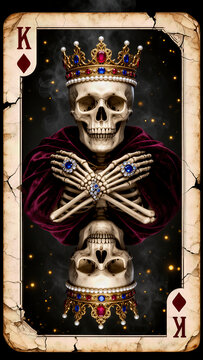 calavera, rey, corona, muerte, esqueleto, cr&aacute;neo, trono, poder, realeza, riqueza, joyas, rub&iacute;es, zafiros, perlas, capa, terciopelo, manos esquel&eacute;ticas, espejo, reflejo, cartas, p&oacute;quer, juego, destino,