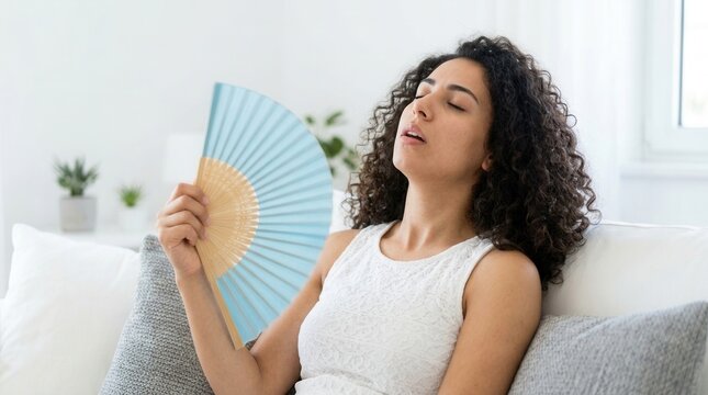 Young middle east woman feeling desperate while using a hand fan at home