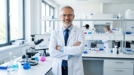 Fototapeta premium Confident mature grey-haired male scientist with a smile enjoying his research work at a lab table.