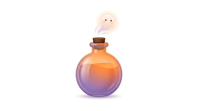 Enchanting magic bottle with a colorful elixir, featuring a friendly, cute ghostly spirit wisp gracefully emerging and emitting a soft, mystical glow and aura