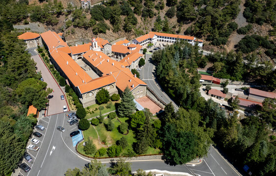 Bird's eye view drone aerial of Kykkos Monastery Panagia toy kykkoy on sunny summer day. Troodos mountains place of worship Cyprus