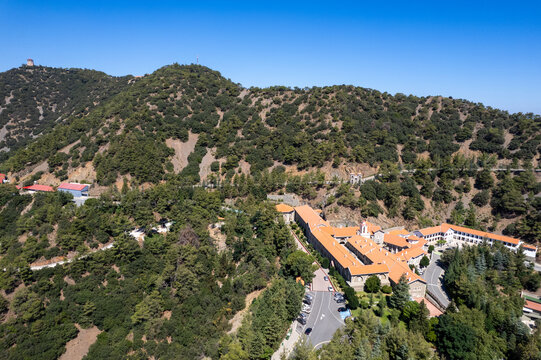 Bird's eye view drone aerial of Kykkos Monastery Panagia toy kykkoy on sunny summer day. Troodos mountains place of worship Cyprus