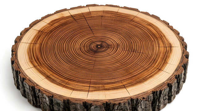 Round wooden log slice with visible tree rings isolated on white background