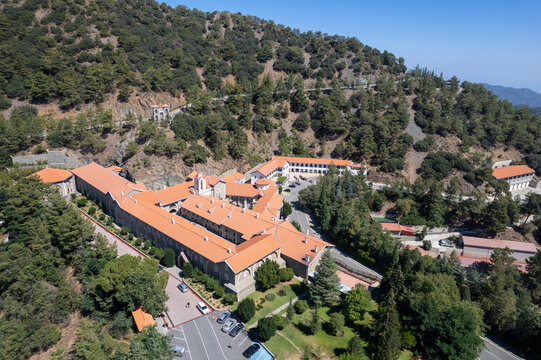 Bird's eye view drone aerial of Kykkos Monastery Panagia toy kykkoy on sunny summer day. Troodos mountains place of worship Cyprus