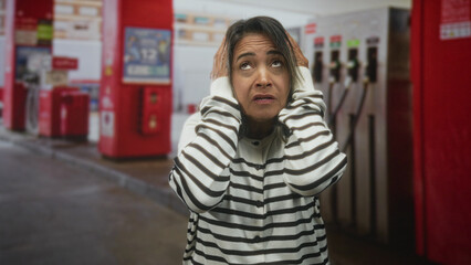 Hispanic woman covering ears with hands at a gas station near fuel pumps, striped sweater, worried grimace in a roadside forecourt  anxiety unease alarm. © Krakenimages.com