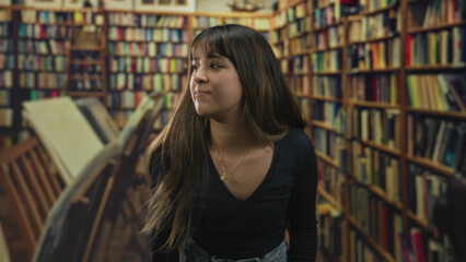 Young woman flips her hair and smiles, face turned toward tall bookshelves in a library aisle  quiet contemplation. © Krakenimages.com
