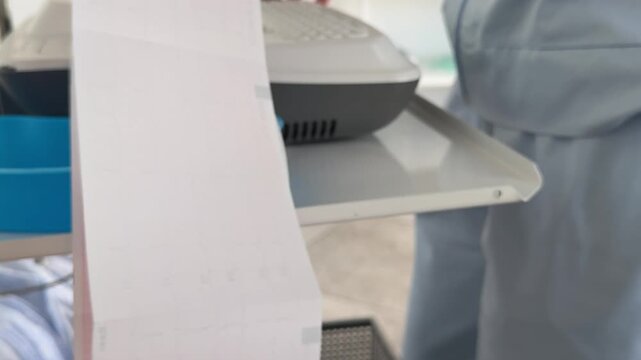 Medical worker performs an electrocardiogram examination, attaches ECG electrodes to a female patient and records heart electrical activity in a clinical setting. Close up.