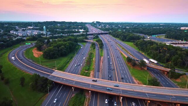 Flight above the multi-lane highways of the Garden State Parkway. Green cityscape of Middlesex County, New Jersey against pink sky at sunset.