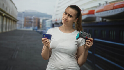 Woman holding a gamepad and creditcard on a dock, frowning and tilting head in a puzzled gesture  confusion dilemma. © Krakenimages.com