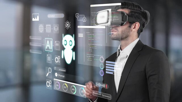 Man in Business Suit Using Virtual Reality Headset with Digital Interface Display and Futuristic Technology Visuals in Modern Office Environment Gluon.