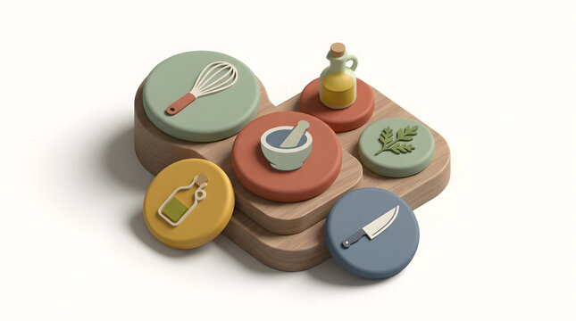 Minimalist wooden kitchen utensils icons arranged on stacked platforms on white background