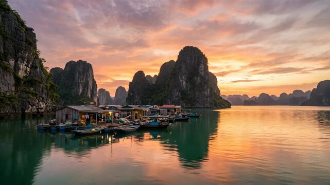 cinematic floating fishing village among limestone islands in halong bay vietnam at golden hour video