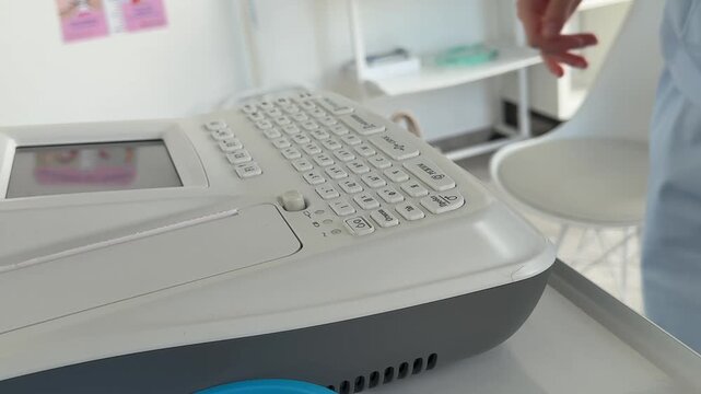Medical worker performs an electrocardiogram examination, attaches ECG electrodes to a female patient and records heart electrical activity in a clinical setting. Close up.