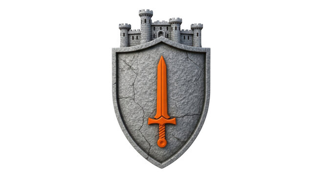 Stone shield with orange sword isolated on transparent background