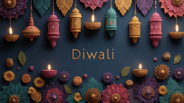 Diwali greeting design with hanging lanterns, glowing diyas and colorful rangoli on a dark teal background, Indian festival, festive greeting, cultural tradition, Diwali.