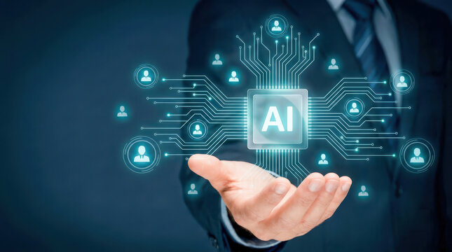 Man in a dark suit holding a glowing circular AI badge hologram with circuit lines and people icons, representing artificial intelligence, technology, networking, innovation, and digital collaboration