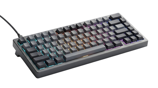 Modern mechanical gaming keyboard with rgb backlighting and blank dark grey keycaps isolated on transparent background