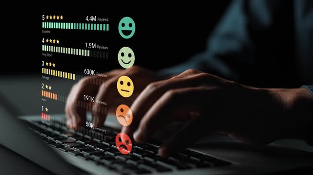 Hands Typing on Laptop with Rating System Graphical Overlay Displaying Various Emoji Feedback Ratings and Review Statistics for Online Services. Entropy.