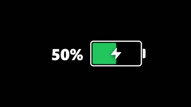 Battery charging progress from zero to one hundred percent on a black background.