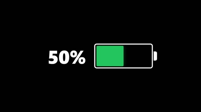 Battery charging progress animation from zero to one hundred percent on a black background.