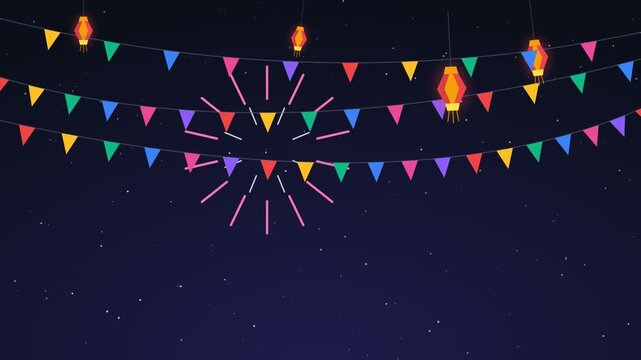 Festive night sky with colorful bunting lanterns and fireworks