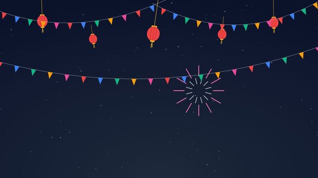 Festive night sky background with colorful bunting and red lanterns.