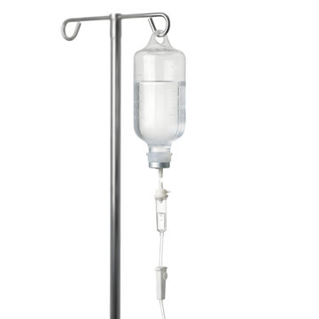 Medical iv drip bag with saline solution hanging on a metal stand isolated on transparent background