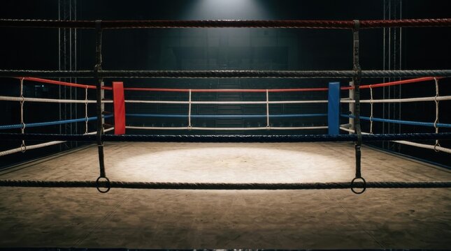 Empty boxing ring under spotlight in dark arena