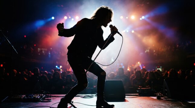 Rock singer performing on stage with microphone and concert lighting