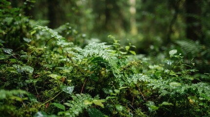 Fototapeta premium Dew drops on lush green ferns in a forest