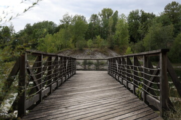 Fototapeta premium Passerelle en bois traversant un étang au cœur d’une réserve naturelle