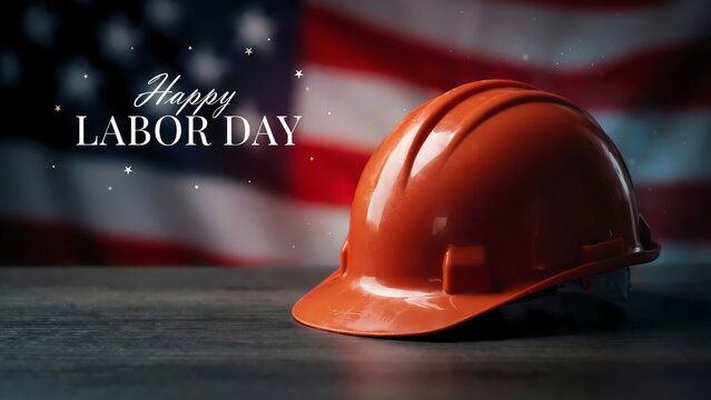 Happy Labor Day greeting with orange hard hat on wooden table. American flag background for Labor Day celebration. Construction safety helmet for national holiday social media post.